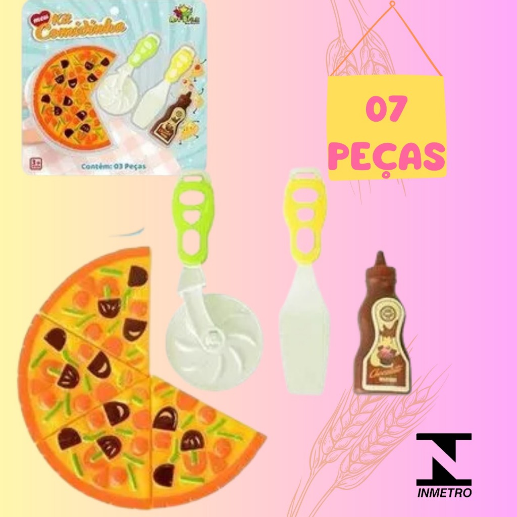 Brinquedo Comidinha Pizza Infantil 7 Peças Brincadeira Infantil Faz de Conta Diversão