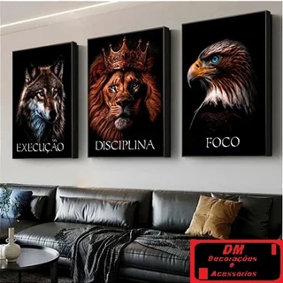 Quadros Decorativos Leão Rei Execução Disciplina Foco 3 Peças 120x60 cm