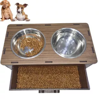 Comedouro Pet Com Gaveta Para Guardar Ração + Tigelas Inox
