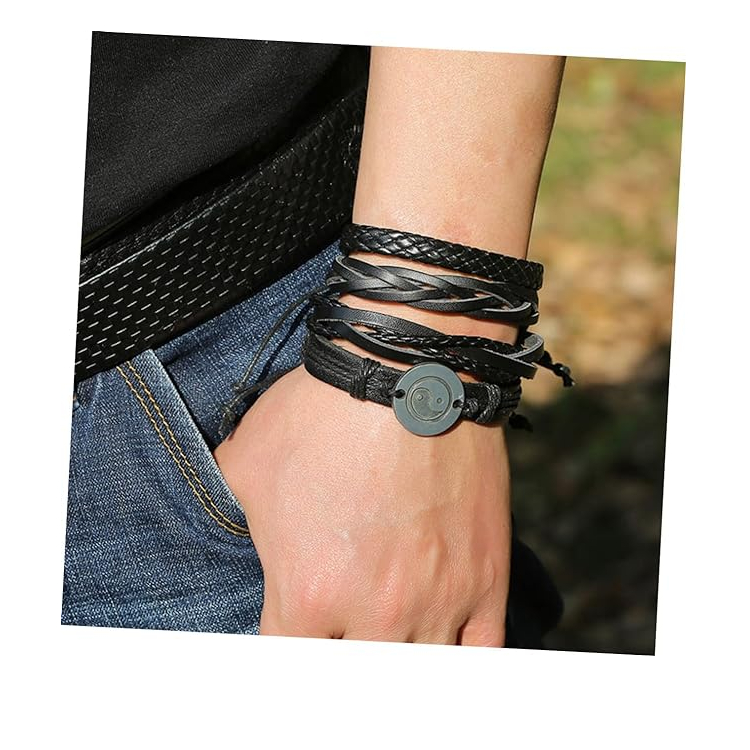 Kit Pulseiras Braceletes Couro 4 Pçs Símbolo Yin Yang - Cor Preto