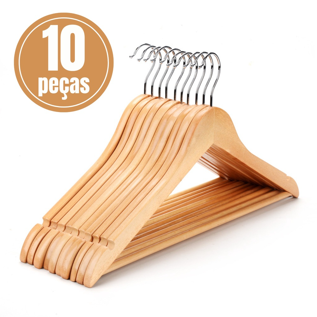 Kit 10 Cabides De Madeira Marfim Premium Para Roupas Adulto ...