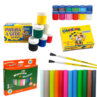 Kit Escolar Volta às Aulas - Papelaria - Material Escolar - Massinha c/12un - Guache c/12un - Pintura a dedo c/6un - Pincel para guache c/2un - Envio Imediato
