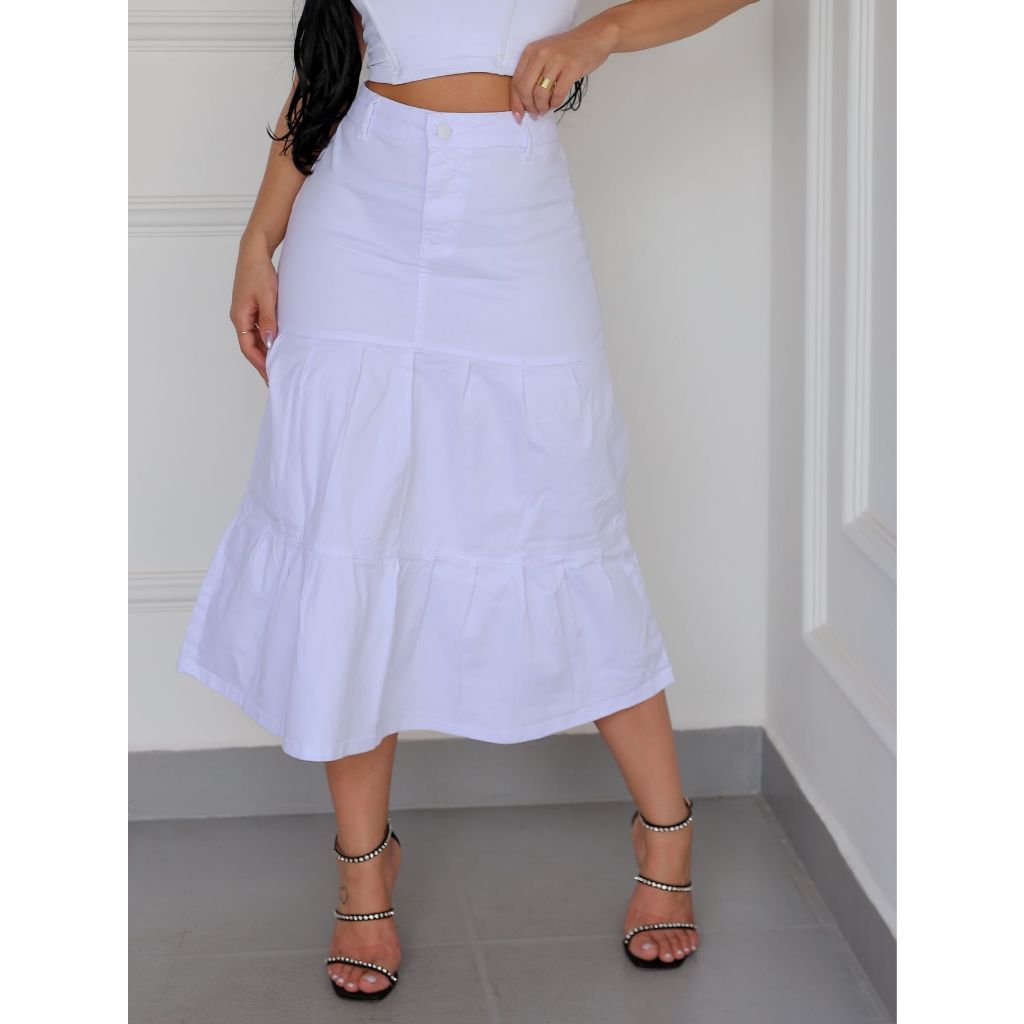 Saia Midi Branca Jeans Sarja Marias Com Lycra Moda Cristã Evangélica Saia  Peplum