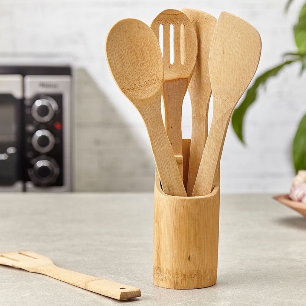 Kit Conjunto 4 Peças Utensílios Bambu Resistente Multiuso Casa Cozinha Decoração Com Suporte de Bambu