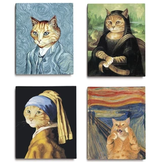 kit 4 quadros decorativos obras de artes famosas com rosto de gatinhos monalisa, van gogh, o grito e moça com brinco de pérolas tela acetinada