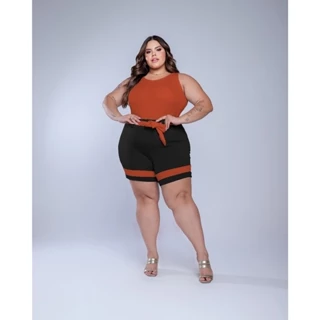Conjunto Feminino Plus Size Blusa Alça Grossa E Short Meia Coxa