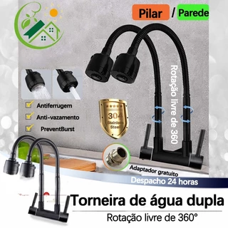 Torneira de pia de cozinha em aço inoxidável 304 Torneira de água fria de parede/ pilar de tubo duplo flexível para serviço pesado