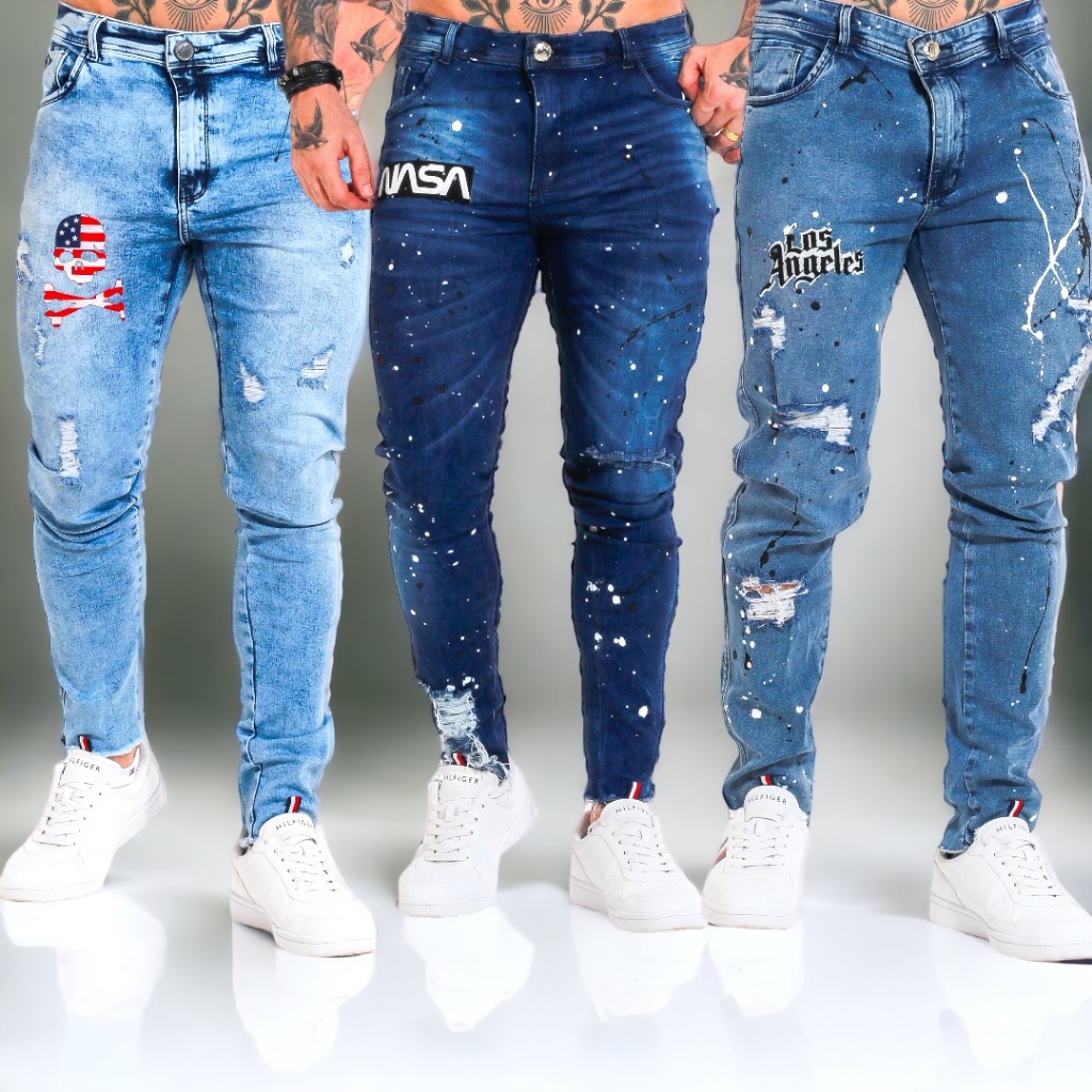 Calca jeans skinny Preta Destroyed Rasgada Desfiada ElastanoLaycra