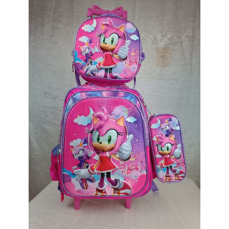 KIT MOCHILA ESCOLAR INFANTIL MENINA SONIC FEMENINA/ SONIC FEMININA /COM RODINHAS / KIT MOCHILA + LANCHEIRA+ ESTOJO/MOCHILA PARA MENINA / KIT MOCHILA MODELO 2024 EM 3D