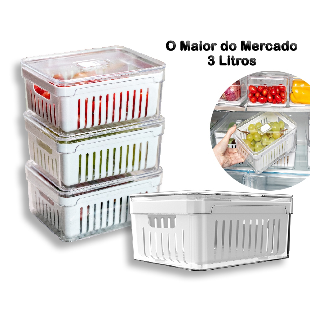 Kit 4 Organizador de Geladeira 3 Litros Cesto Com Tampa Multiuso Alimentos Verduras e Vegetais