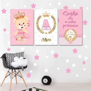 Quadro decorativo 3 peças ursinha princesa personalizado com nome quarto infantil