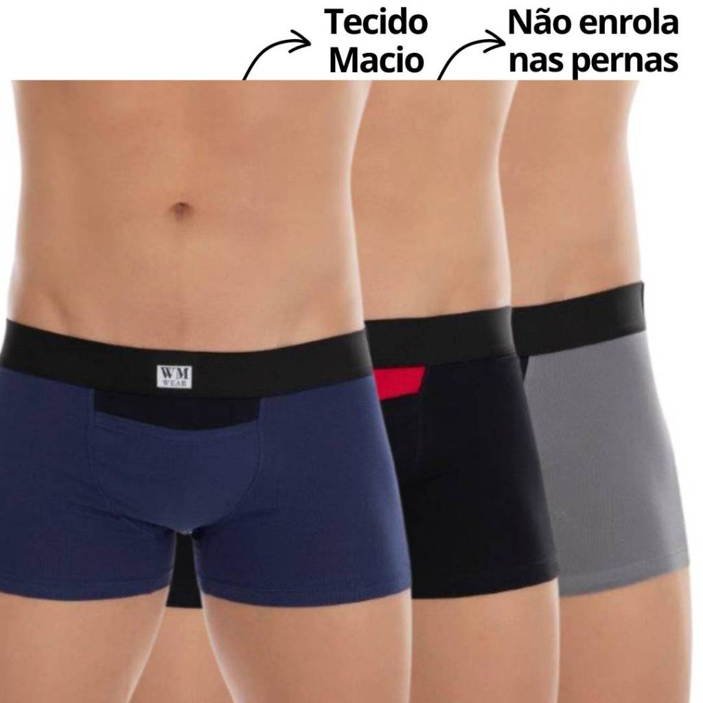 Kit 3 Cuecas Box Boxer adulto de Algodão Confortável Bolso estratégico não  enrola nas pernas