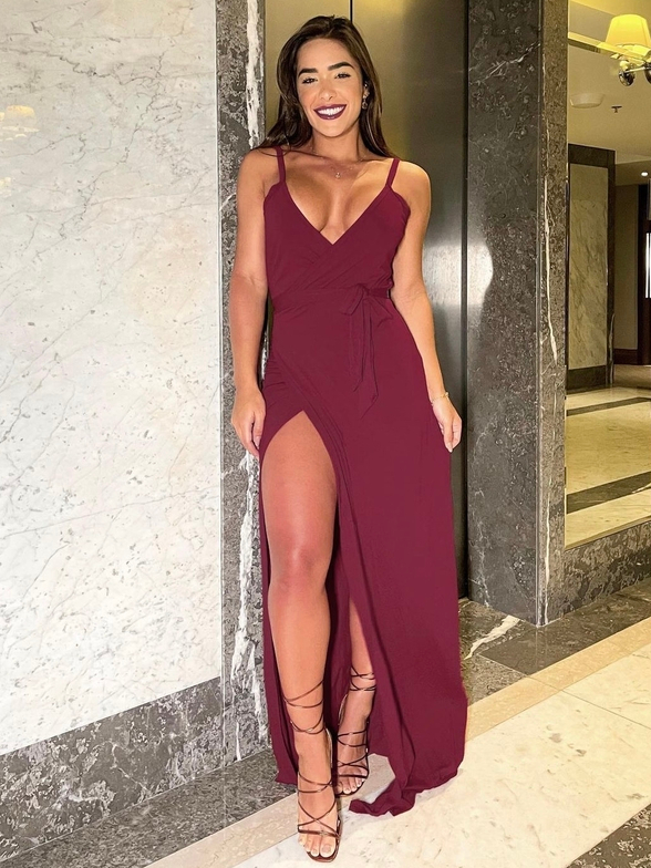 Vestido longo com fenda lateral transpassado para festas,madrinha ...