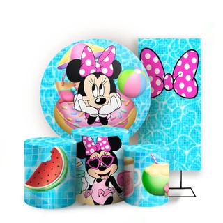 PAINEL + CAPAS CILINDRO TECIDO SUBLIMADO MINNIE POOL PARTY