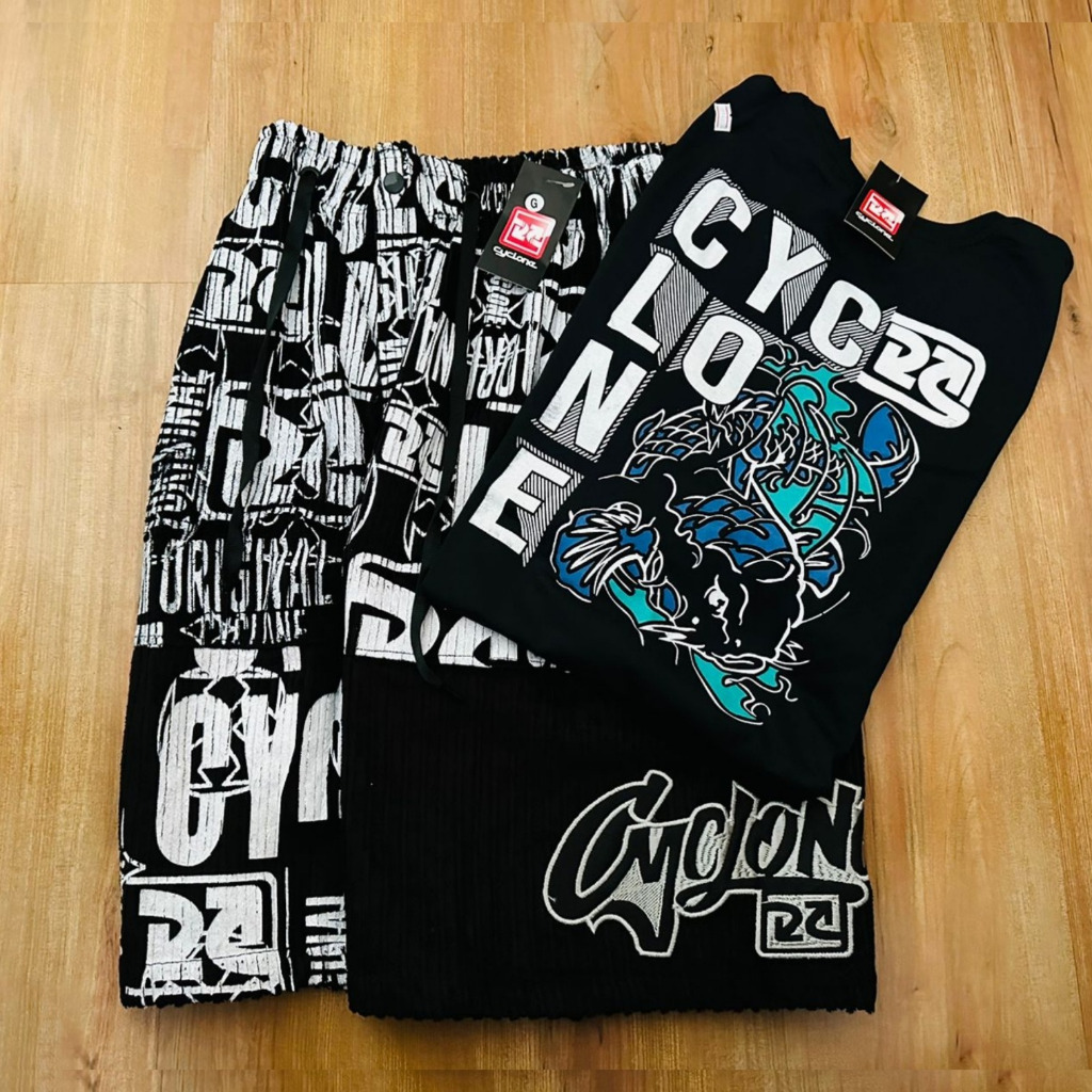 Kit Bermuda de Veludo Cyclone Quebrada Preta e Camiseta Cyclone Preta ...