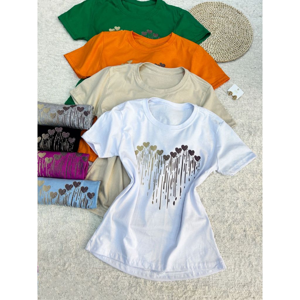 T-shirts manga longa algodão Gola careca sempre com estampa coracao