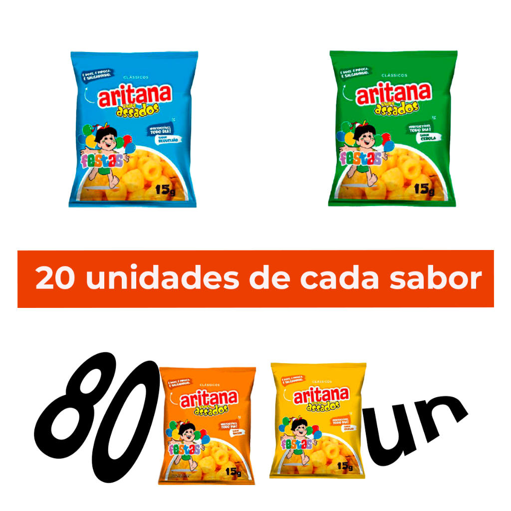 Chips Salgadinho de Bacon Queijo Cebola Requeijão MIX kit com 80 unidades 15g, Aritana