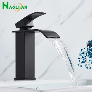 Torneira Cascata Misturador para Banheiro Lavatorio Dourada/Preto de Bancada Mesa Monocomando Água Quente e Fria Metal