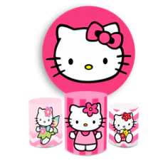 Kit Decorativo Painel Redondo C/ Elástico + Trio Capa Cilindro Hello Kitty Veste Fácil