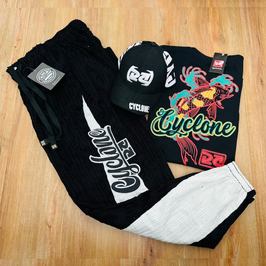 Kit Cyclone Calça de Veludo Preto e Branco + Camiseta e Boné Preto ...