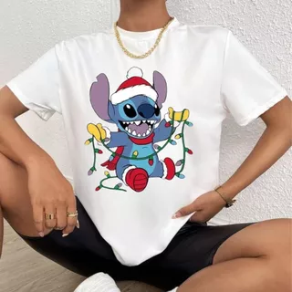 Blusa Feminina Tshirt Camiseta Algodão Feliz Natal - Stich Blusa Gola Redonda Manga Curta