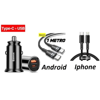 Kit Carregador Veicular TURBO USB + Type-C BASEUS Car Charger + CABO BASEUS 1metro