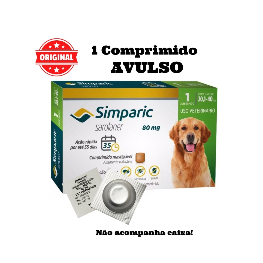 Simparic 80mg 20,1kg a 40kg zoetis comprimido Antipulga Carrapato e ...