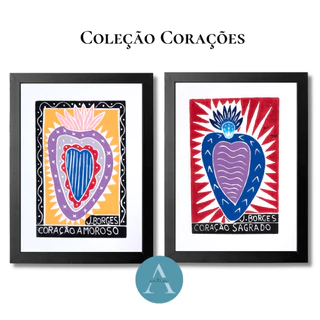 Quadro Coração J. Borges Diversos 27x36cm Moldura Vidro Xilogravura Decoração Casa Parede Quartos Sala Rustica Pequeno