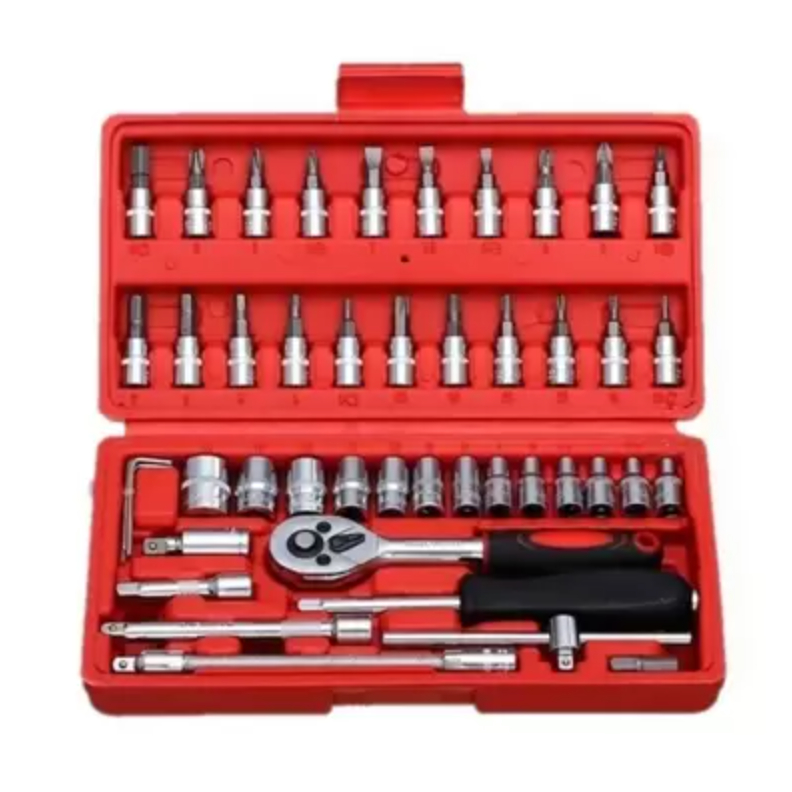 Kit 46 Chave Catraca Jogo De Soquetes Allen Torx Ferramentas Reversível Maleta Vermelha