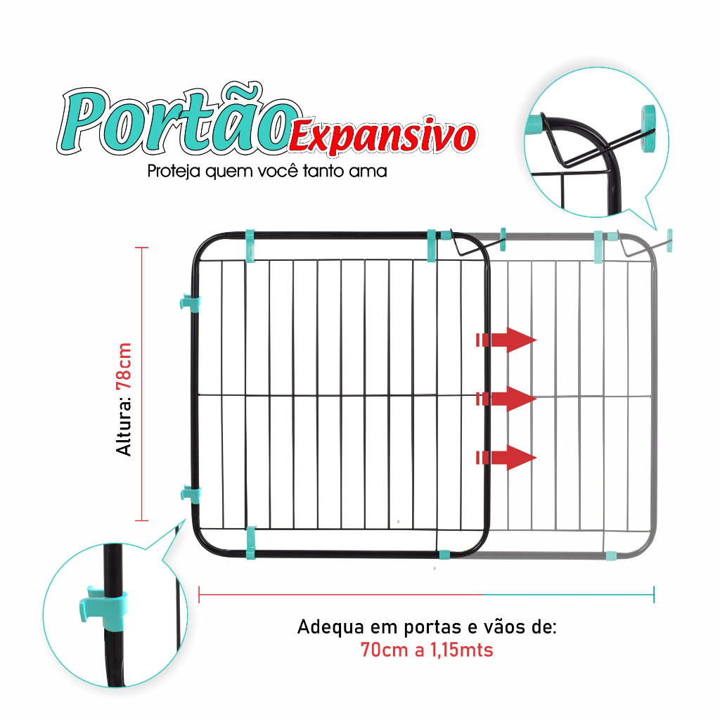 Portão Expansivo Grade Proteção Criança Pet Cachorro ( 70cm a 115cm)