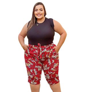 Bermuda Capri Plus Size Com Laço E 2 Bolsos Tecido Soltinho