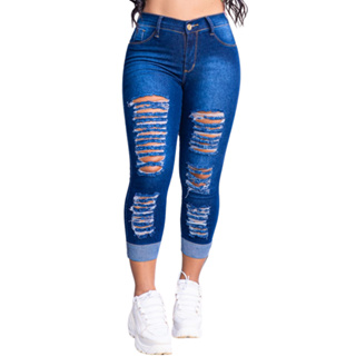 LOLLADRI Calça Jeans Feminina Preta Rasgada No Joelho Cintura Alta.