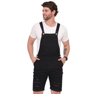Macacão (jardineira) Masculino Sarja Preto Curto Destroyed