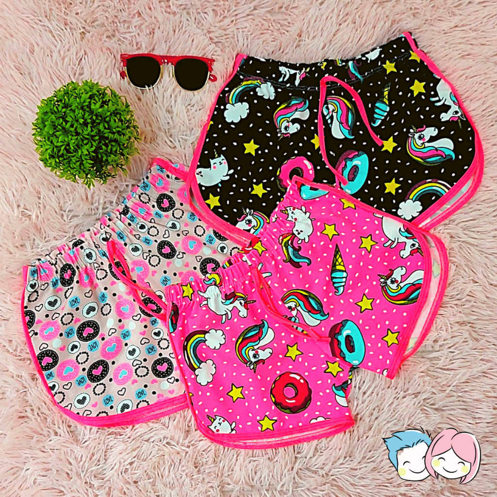 Short Infantil Varias Estampas Menina - Tamanho 2 ao 8 I Bem Fresquinho I Fácil de Lavar e Secar