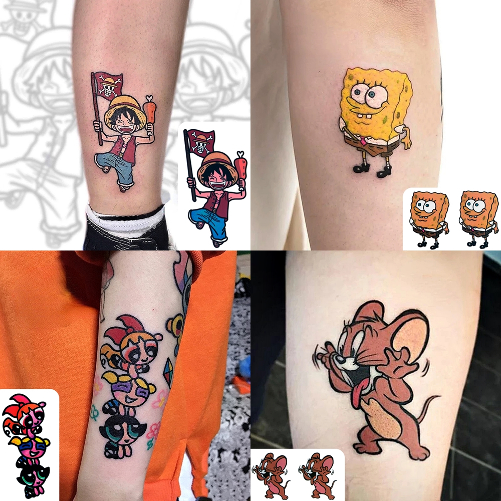 Tatuagem Temporária Desenhos Cartoon Bob Esponja Meninas Poderosas Tom e Jerry Luffy A Prova De Água