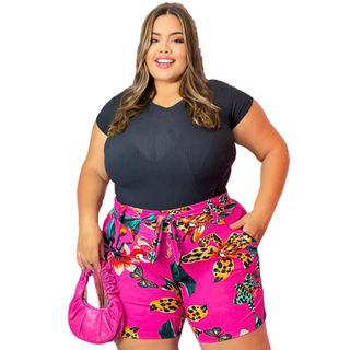 Short Plus Size Alfaiataria Laço E Bolsos Tecido Soltinho
