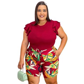 Short Plus Size Estampado Com Laço Para Ajuste e 2 Bolsos Frontais