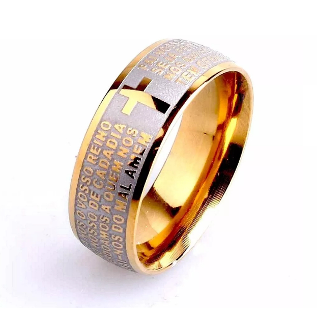 Anel Aliança Cruz Folheada Oração Pai Nosso Dourado e Prata Anel Da Fé Banhado 18k Anel Cristão Novo Lançamento Promo