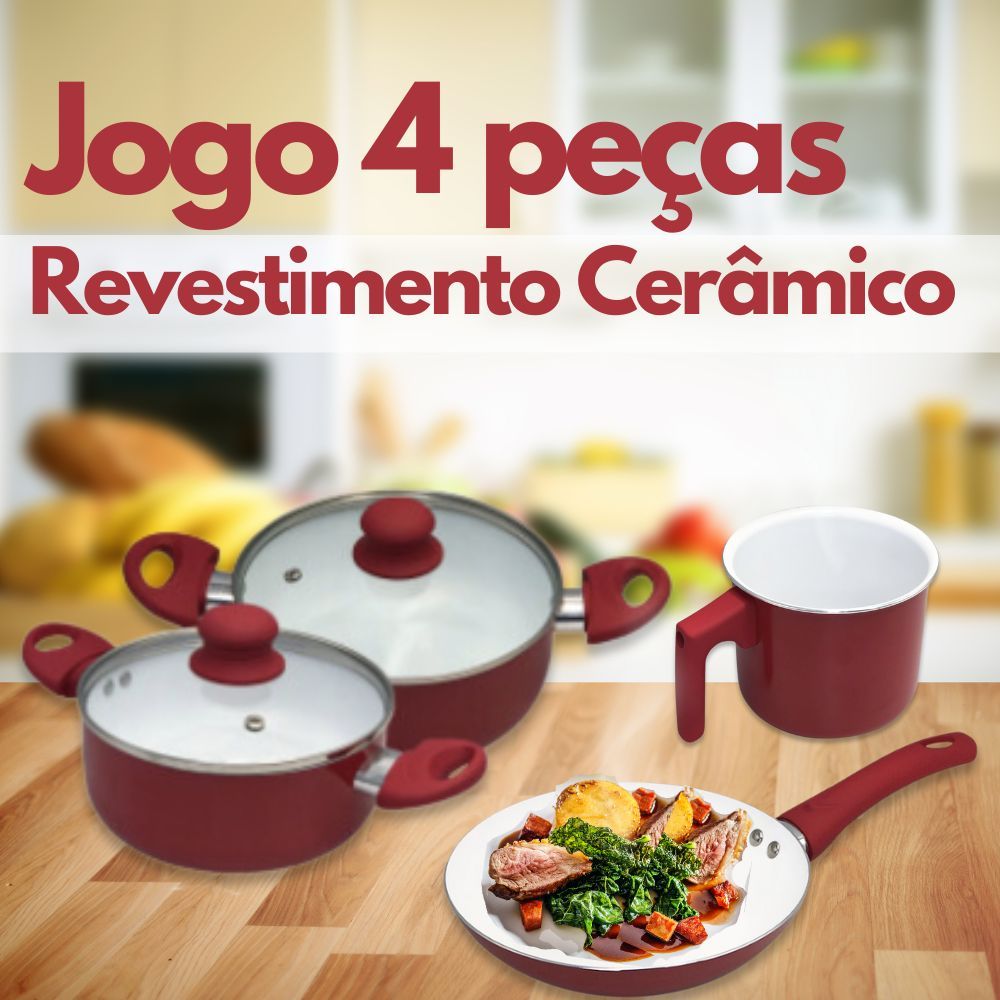 Jogo de Panelas Vermelho Cerâmica Cabo Baquelite e Tampas de Vidro Alumínio com Revestimento Cerâmico 4 Peças Panela Caçarola Grande e Pequena Frigideira e Leiteira