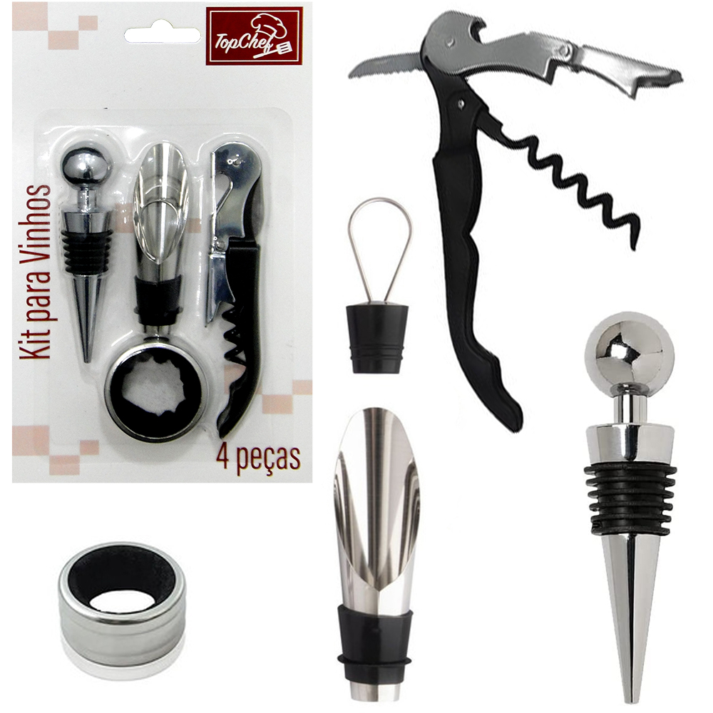 Kit Vinho 4 Peças Saca Rolha Tampa Dosador Salva Gotas