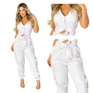 Conjunto Blusa com Botão mais Calça Cinta de ajuste de Cintura Tamanho Único veste do 36 ao 42