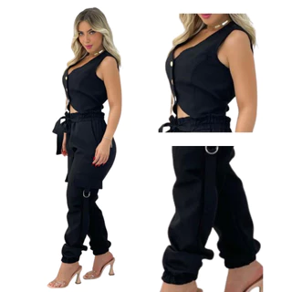 Conjunto Blusa com Botão e Calça com Cinta para ajuste Cor Preta Tamanho Único Veste do 36 ao 42
