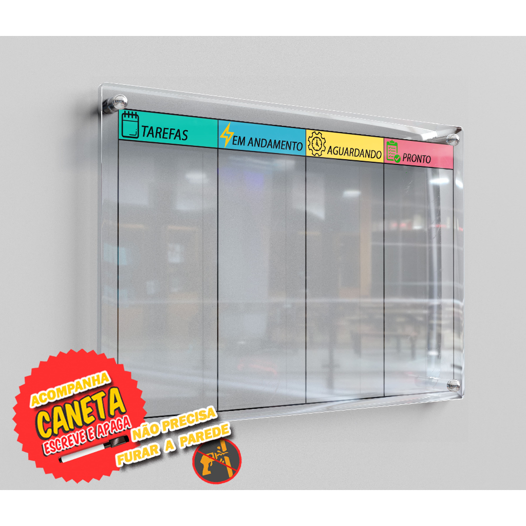Quadro Kanban Pro Para Scrum ou Gerenciar Tarefas + Tecnologia acrilico transparente sem furos + caneta escreve e apaga