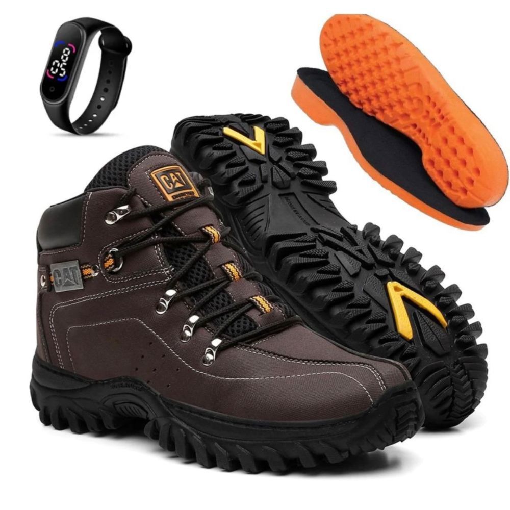 Bota Masculina Caterpillar Casual De Trilha Adventure Couro Confort Reforçado Impermeável + Palmilha E Relogio