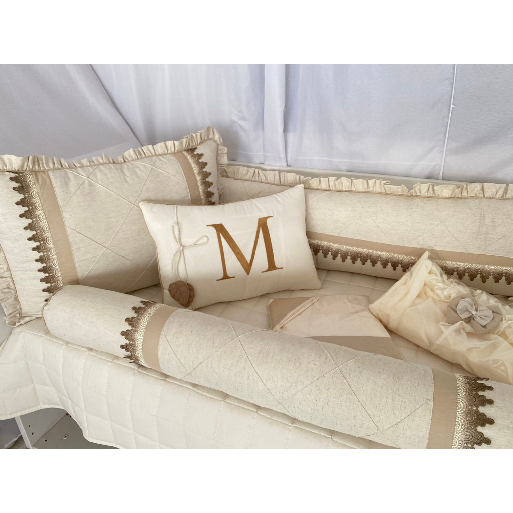 Kit Berço Americano Rolo Menina Mirela Dourado com Linho 10 Peças Algodão