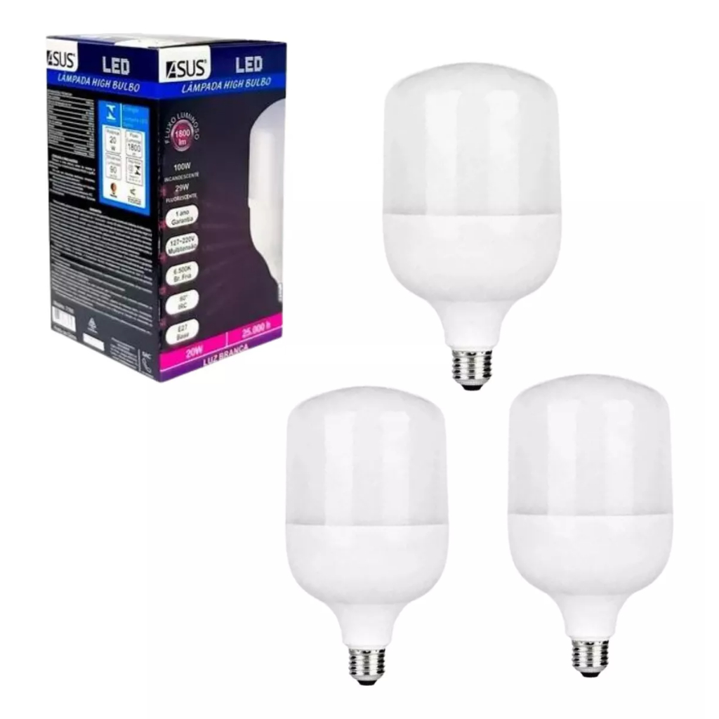 Kit 3 Lampadas 20W Bivolt ASUS Branca Fria 6500K Lampada Forte para Casa, Empresa, Galpão (1 Ano De Garantia)