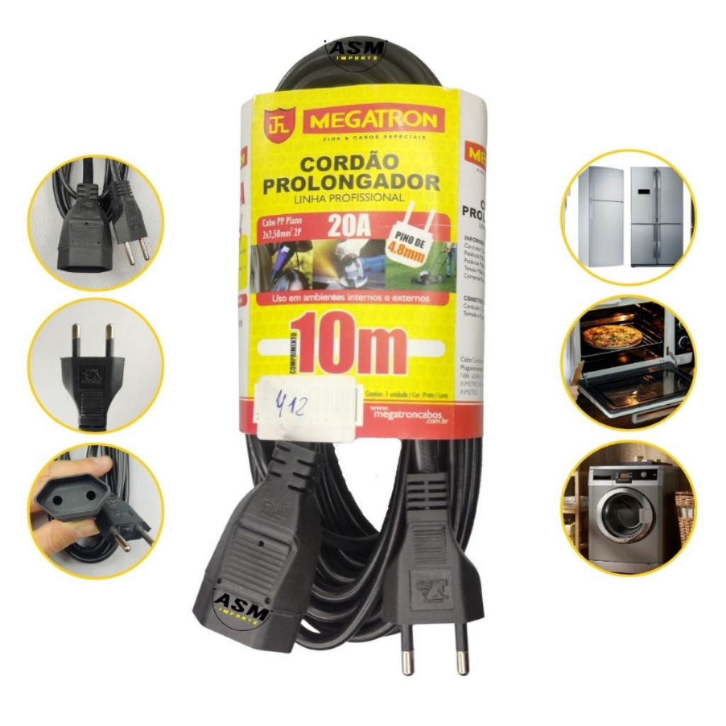 Extensão Cordão Prolongador Preto 10 Metros 2P 10A 250V Forlux