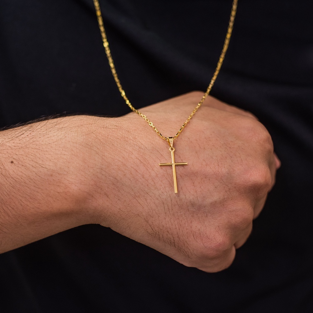 Corrente Antiga De Crucifixo Com Cordão Colar Masculino Banhado A Ouro 18K 60 Cm 3 Mm Com Pingente De Cruz