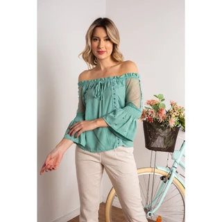 BLUSA CIGANINHA TULE RENDA E PEROLAS
