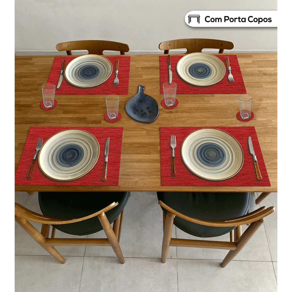 6 Descanso de Prato e 6 Porta Copos de Mesa Posta - Vermelho
